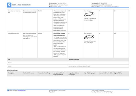 Inspection Test Plan For Excavation Works Use And Edit