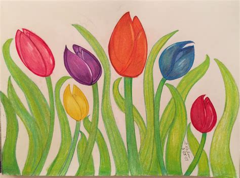 A Drawing Of Colorful Tulips With Green Stems