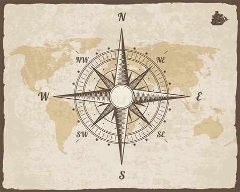 Vintage Nautical Compass Old World Map On Vector Paper Texture With