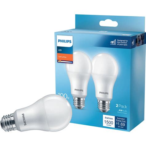 Philips 100w Equivalent Soft White A19 Medium Led Light Bulb 2 Pack
