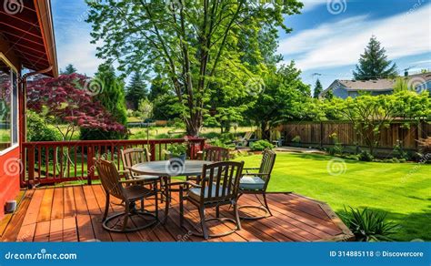 Luxurious Suburban Home Backyard in Summer with Wood Patio and Lush