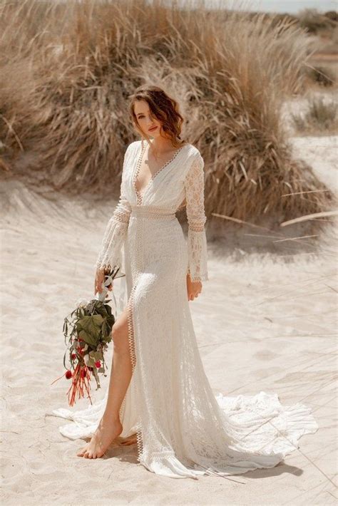 Melania V Open Back Long Sleeve Wedding Dress Bohemian Wedding Deress