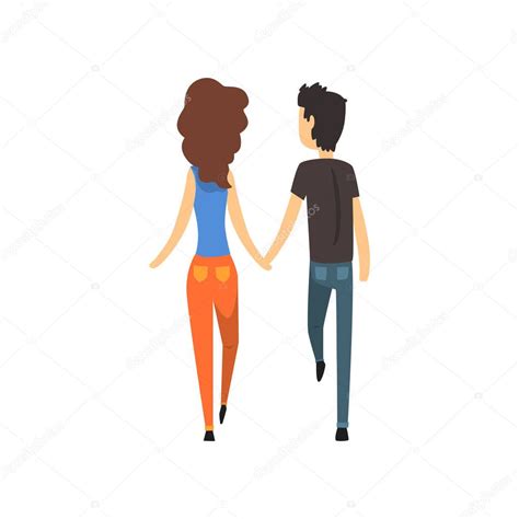 Young Man And Woman Characters Walking Holding Hands Back View Happy