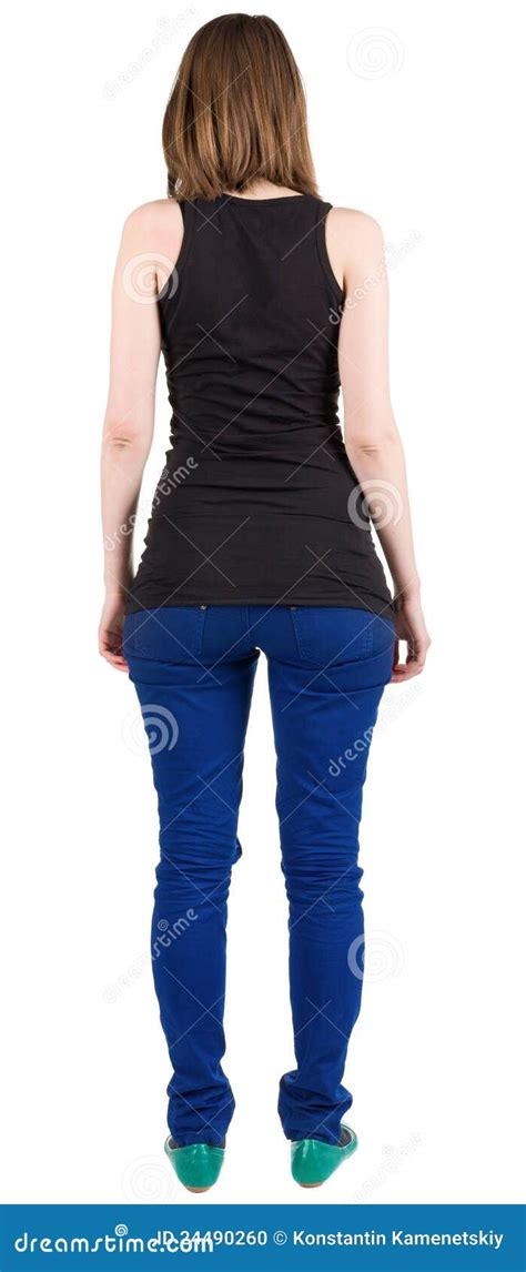 Back View Of Standing Beautiful Brunette Woman Stock Photo Image