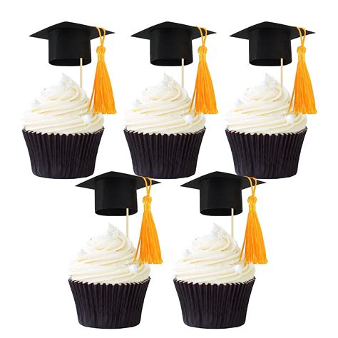 Gyufise 24pcs 2023 Graduation Cap Cupcake Toppers With Gold