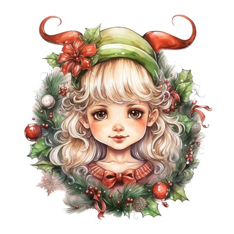 Hand Drawn Portrait Of Elf Girl With Christmas Decoration Elf