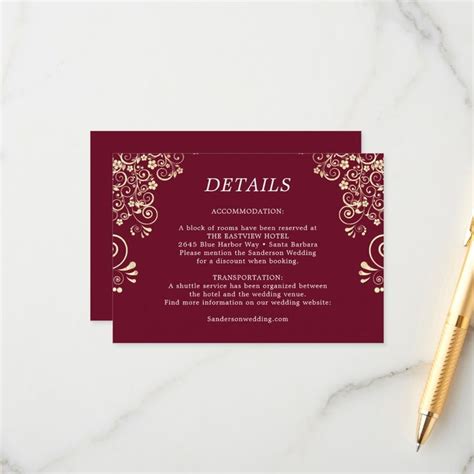Elegant Burgundy Gold Wedding Details Enclosure Card Zazzle Wedding
