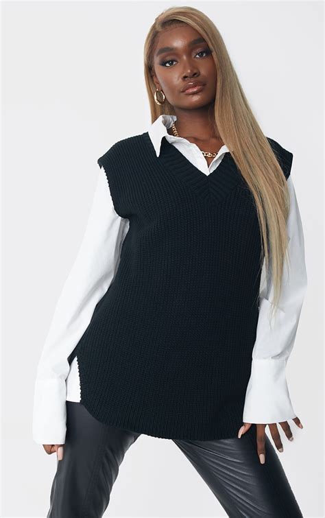 tall black v neck knitted side split vest prettylittlething usa