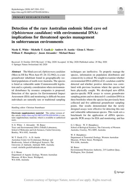 Detection Of The Rare Australian Endemic Blind Cave Eel Ophisternon