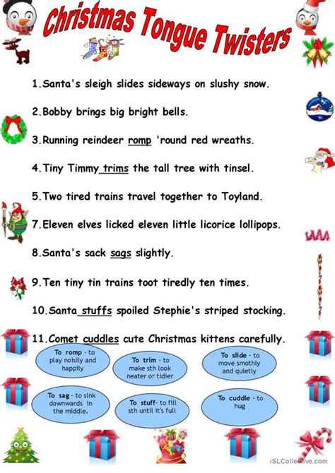 Christmas Tongue Twisters Tongu English Esl Worksheets Pdf And Doc