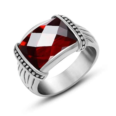 Stainless Steel Retro Red Stone Mens Rings Never Fade Stainless Steel