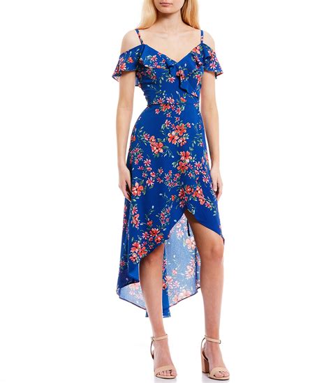 In San Francisco Floral Print Off The Shoulder High Low Wrap Dress