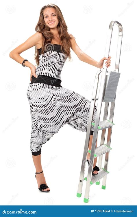 Young Woman Posing With Step Ladder On White Stock Photo Image Of