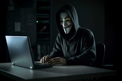 Anonymous Hacker With Hood And Mask Sitting Next To Computer Generative