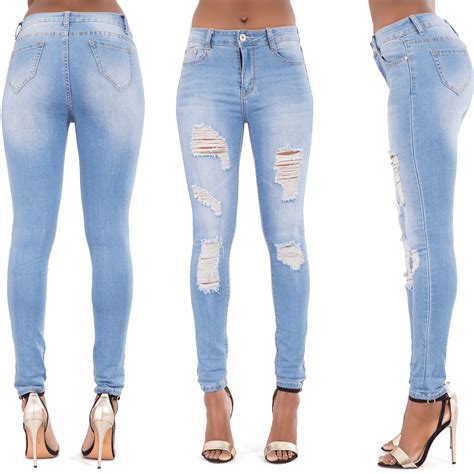 New Ladies Women Blue Black Ripped Skinny Jeans Slim Fit Stretch Denim Size 6 14 Ebay