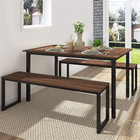 Fitueyes 3 Piece Dining Table Set With 2 Benches Industrial Brown