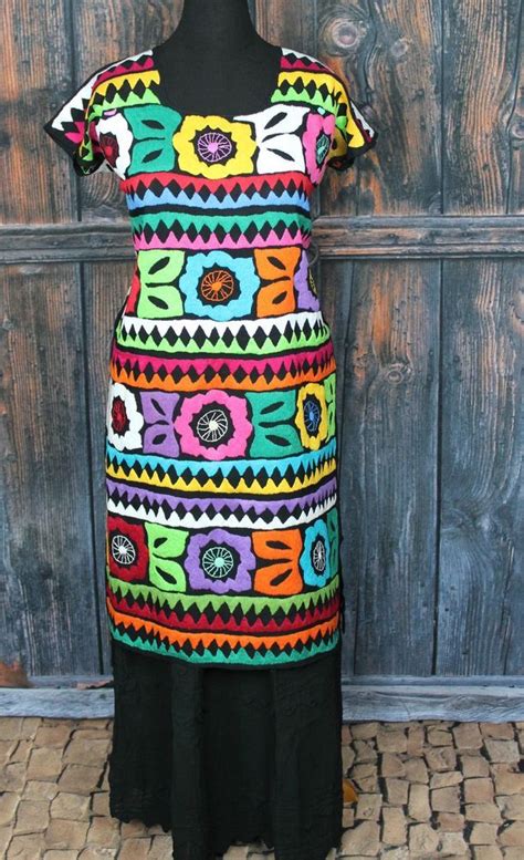 multi color hand embroidered huipil dress jalapa oaxaca mexico frida kahlo style ropa