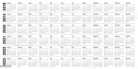 Year 2018 2019 2020 2021 2022 2023 Calendar Vector Stock Illustration
