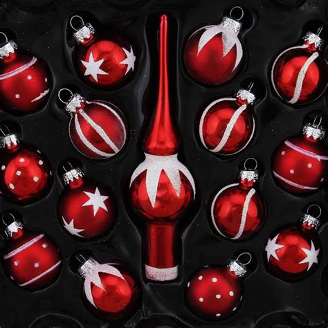 15 Piece Red And White Mini Glass Ball And Finial Tree Topper Christmas