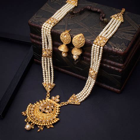sukkhi luxurious lct gold plated wedding jewellery pearl long haram necklace set for women