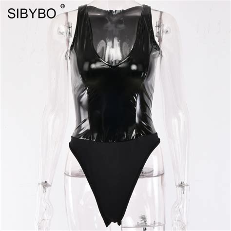 Sibybo V Neck Pu Leather Skinny Sexy Women Bodysuit Sleeveless Patchwork Summer Romper Women
