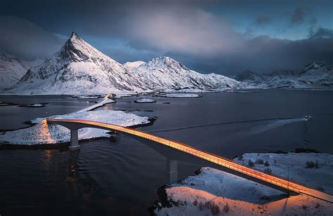 Fredvang Bridge Norway Mountain Bridge Ocean Norway Hd Wallpaper