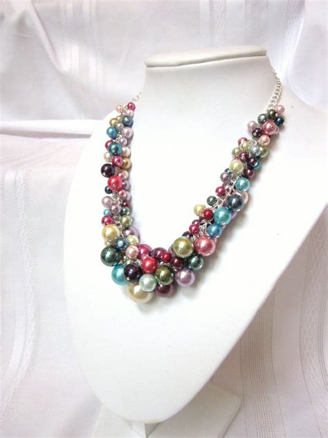 Pearl Cluster Necklace Of Multi Color Bright Rainbow Colored Pearls Chunky Bold Choker Bib