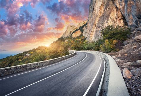 Beautiful Asphalt Road Colorful Landscape With High Rocks