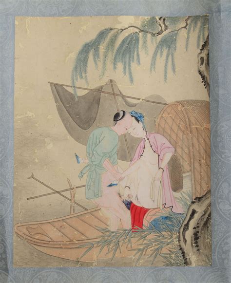 Chinese School Late Th C Erotic Hand Scroll With Ten Watercolor On Paper Scenes Mounted On