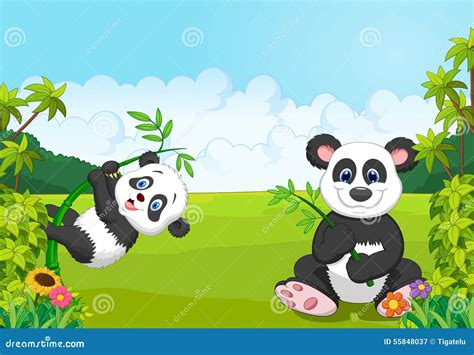 Cartoon Mom And Baby Panda Climbing Bamboo Tree Stock Vector Image