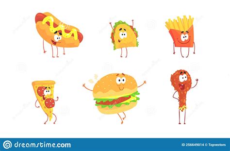 Set Of Funny Fast Food Cartoon Characters French Fries Hot Dog Taco