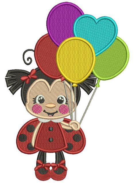 Ladybug Holding Balloons Filled Machine Embroidery Design Digitized Pa