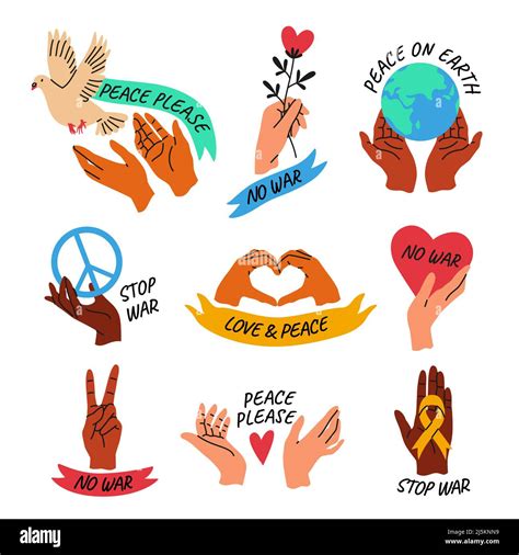 hands peace emblems peaceful icons with texts human arms hold different objects love