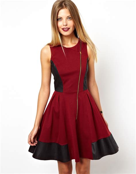 Lyst Asos Skater Dress With Leather Look Panels In Red