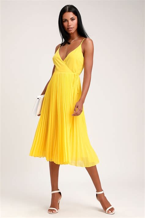 Lovely Yellow Dress Yellow Wrap Dress Pleated Midi Dress Lulus