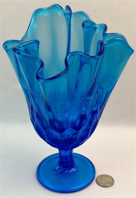 Lot Vintage Fenton Art Glass Colonial Blue Thumbprint Handkerchief Swung Pedestal Vase