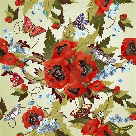 seamless pattern with red poppies and butterflies stock vector illustration of garden