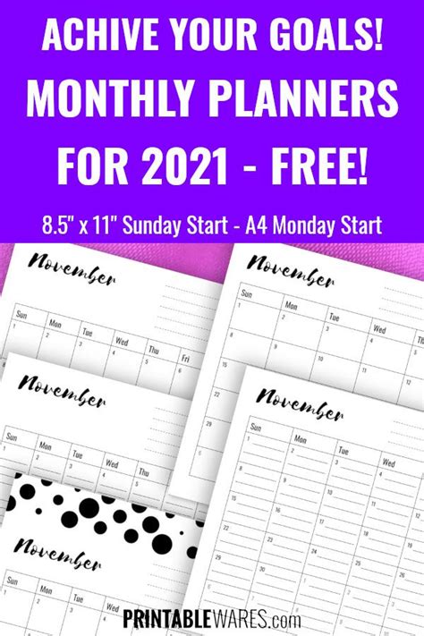 Achive Your Goals In 2021 With Printable Monthly Planners For Every