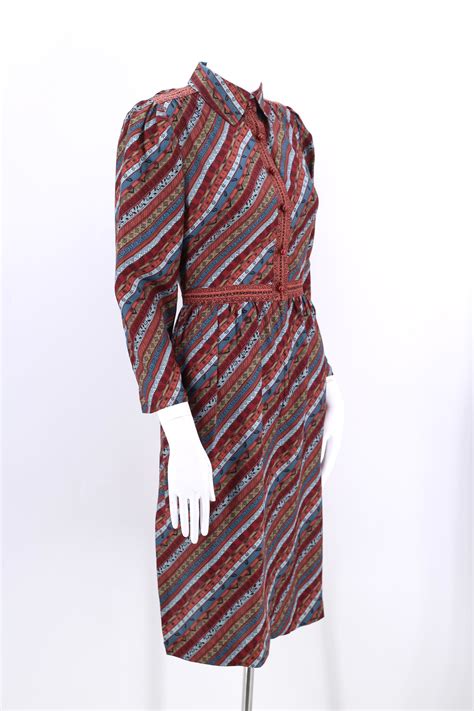 80s Ungaro Print Silk Dress 8 Vintage 1980s Stripe Print Puff Shoulder