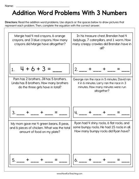 Addition Word Problems With 3 Numbers Worksheet By Teach Simple