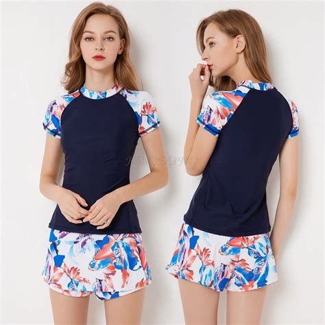 Short Sleeves Shirt Conservative 2 Pcs Girl Swimsuit Bath Beach Floral Print Women S Bikinis Set