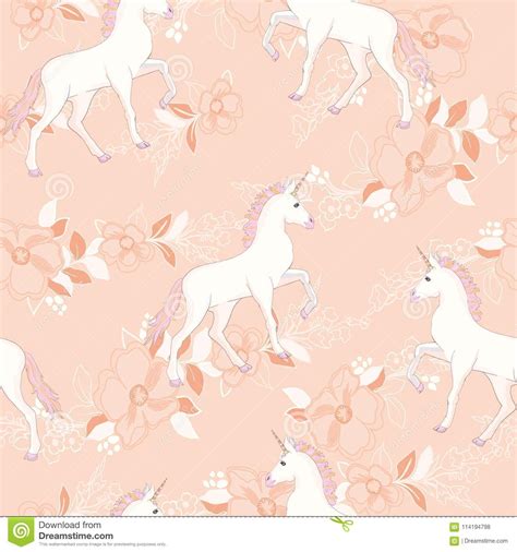 Unicorn Seamless Pattern Unicorns With Rainbow Mane And Horn On Flat