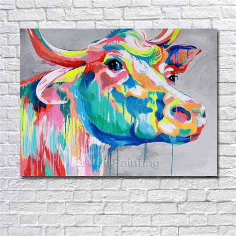 Free Shipping Modern Hand Painted Abstract Colorful Cow Animals Oil