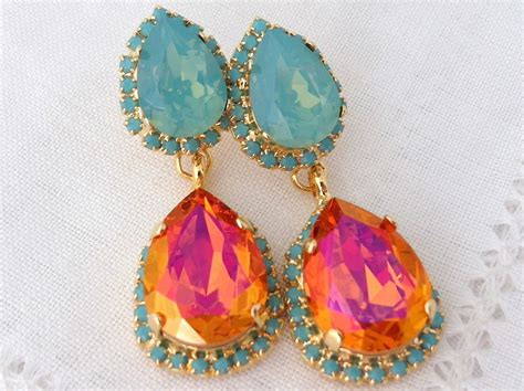Pink Orange Pacific Opal And Turquoise Halo Crystal Chandelier Earrings