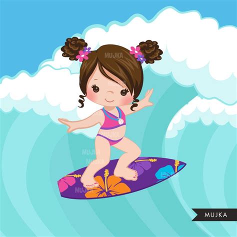 Surfer Girls Clipart Surfing Characters Black Card Making Etsy