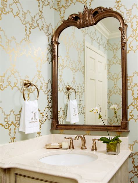 Blue And Gold Powder Room Transitional Bathroom Kara Cox Interiors