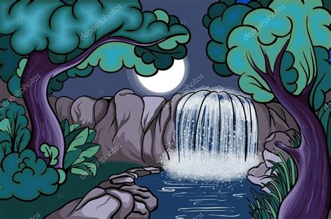 Imágenes: bosques animados de noche | cascada de estilo de ...
