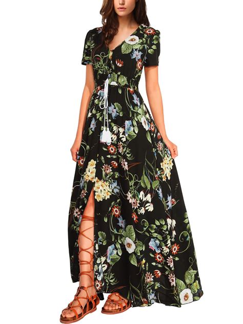 women s button up split short sleeve floral print flowy party beach maxi dress