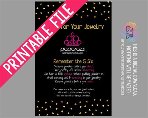 Printable Paparazzi Jewelry Care Cards Consultants Package Inserts
