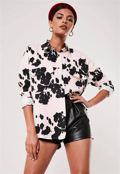 Black Cow Print Co Ord Oversized Shirt Missguided In 2020 Cow Print